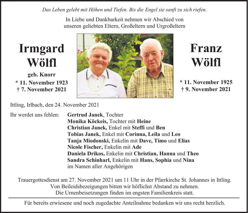 Traueranzeige Irmgard & Franz Wölfl