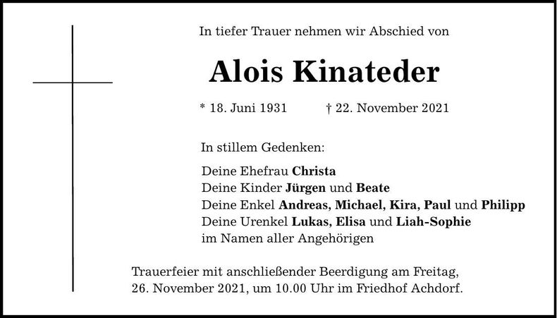 Traueranzeige Alois Kinateder