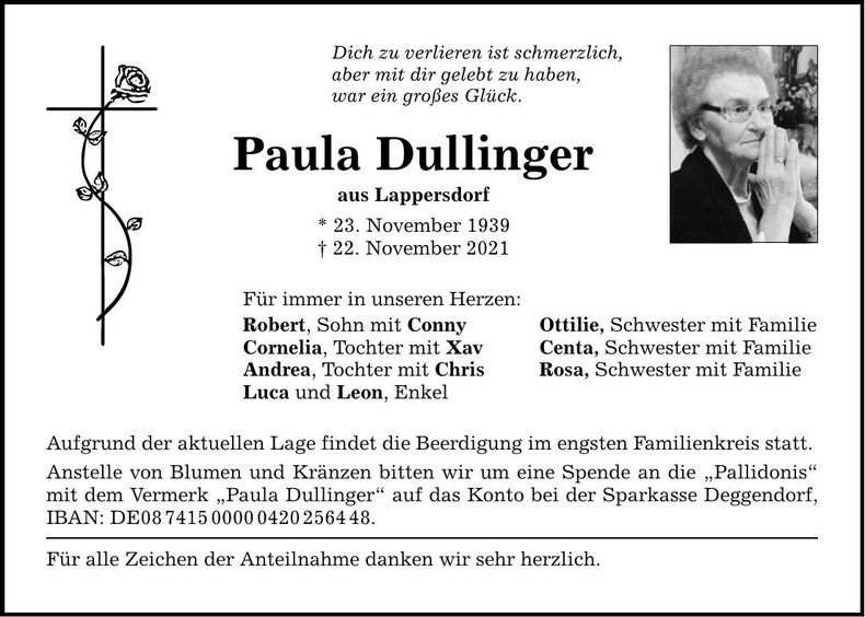 Traueranzeige Paula Dullinger