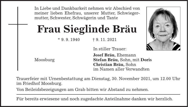 Traueranzeige Sieglinde Bräu