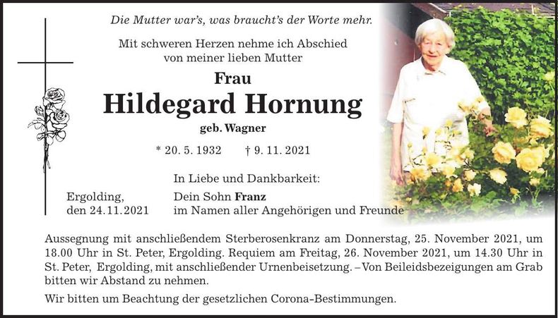 Traueranzeige Hildegard Hornung