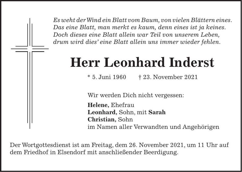 Traueranzeige Leonhard Inderst