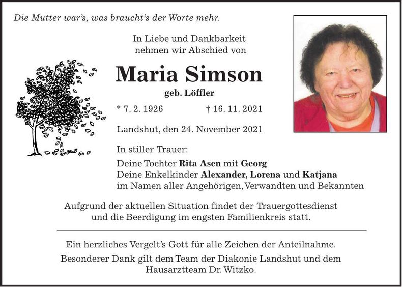 Traueranzeige Maria Simson