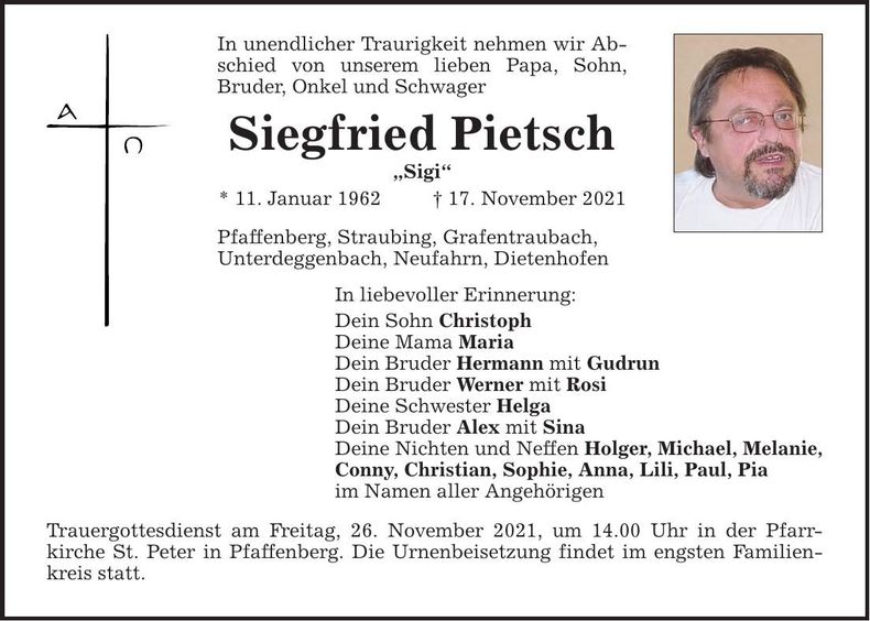 Traueranzeige Siegfried Pietsch