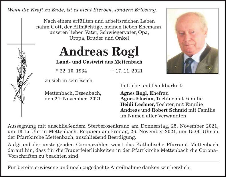 Traueranzeige Andreas Rogl