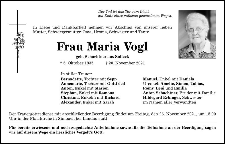 Traueranzeige Maria Vogl