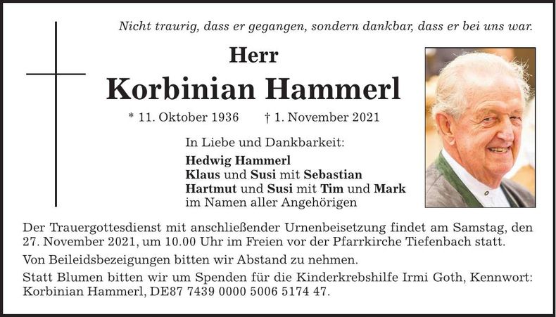 Traueranzeige Korbinian Hammerl