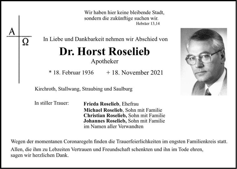 Traueranzeige Horst Dr. Roselieb