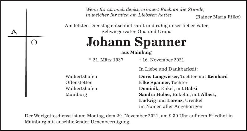 Traueranzeige Johann Spanner