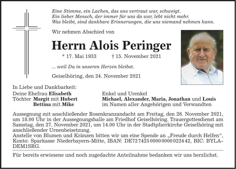 Traueranzeige Alois Peringer