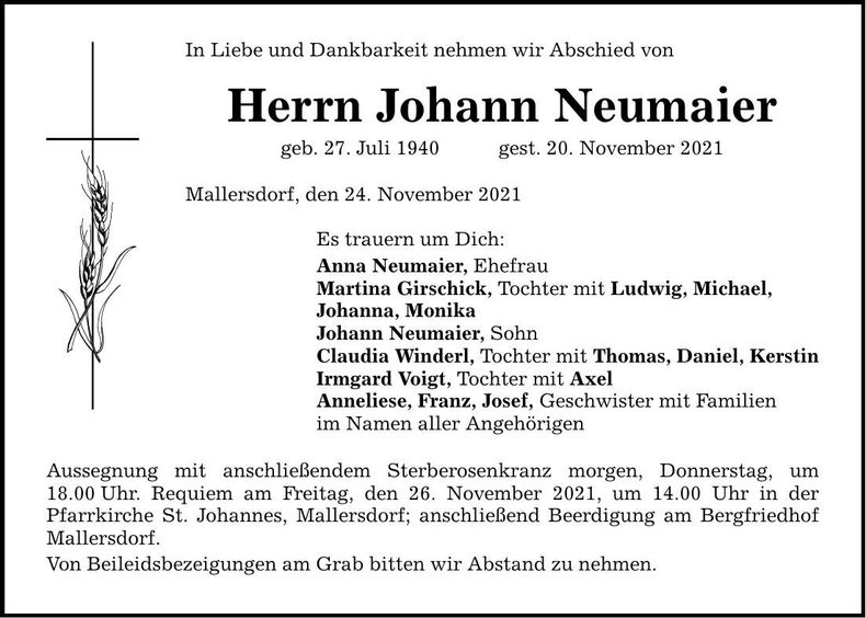 Traueranzeige Johann Neumaier