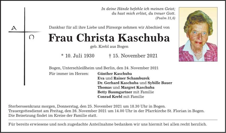 Traueranzeige Christa Kaschuba