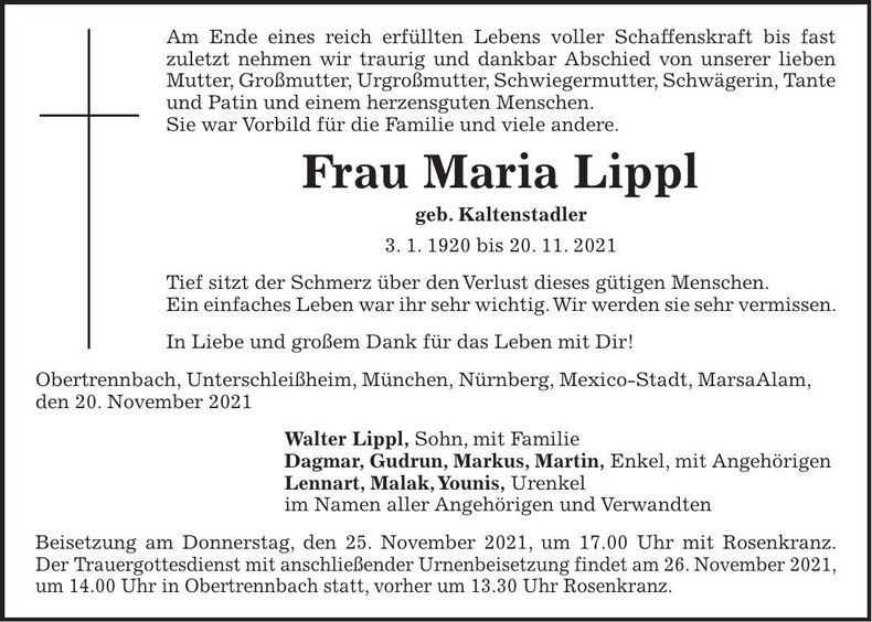 Traueranzeige Maria Lippl