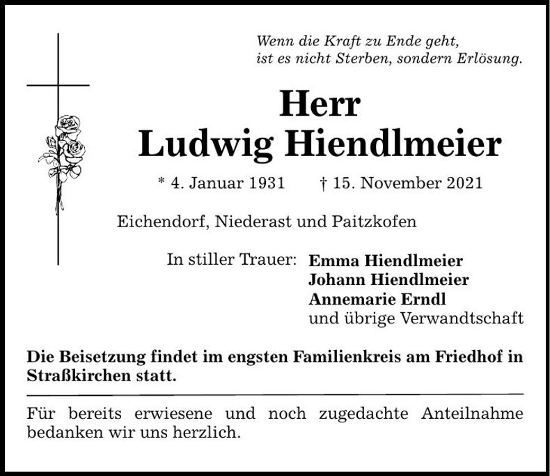 Traueranzeige Ludwig Hiendlmeier