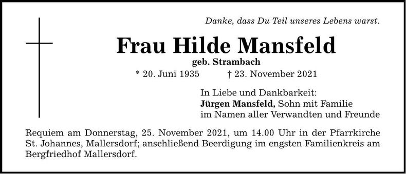 Traueranzeige Hilde Mansfeld