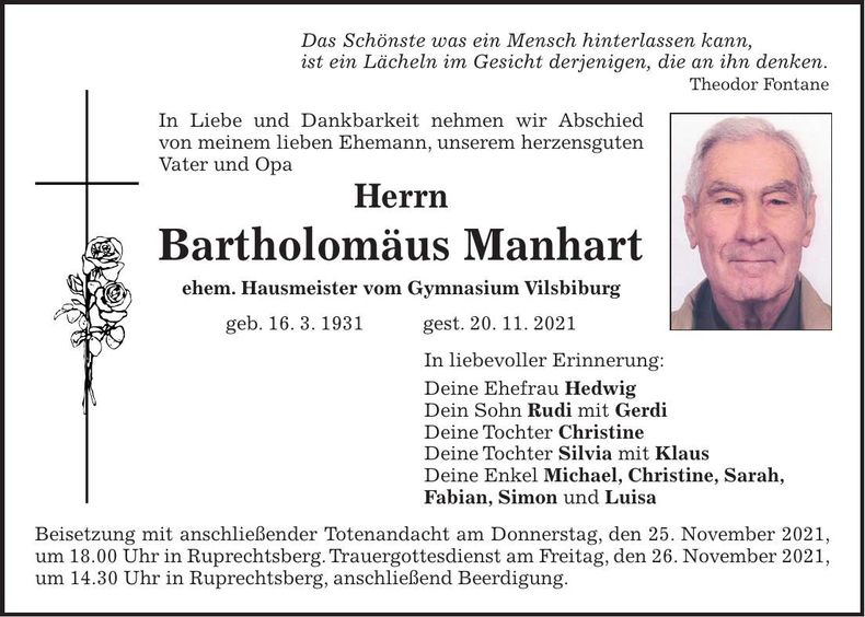 Traueranzeige Bartholomäus Manhart