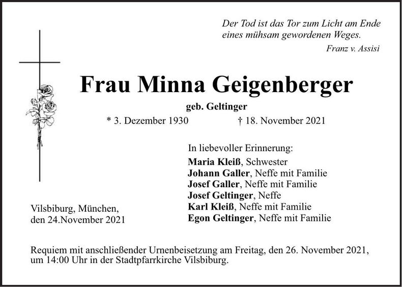 Traueranzeige Minna Geigenberger