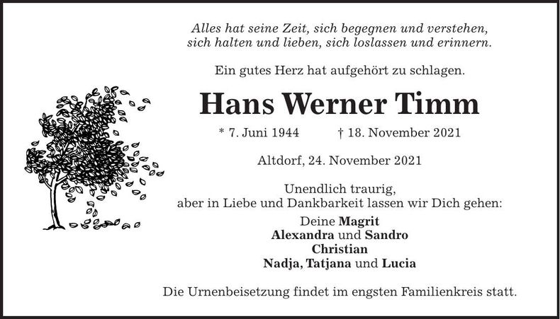 Traueranzeige Hans Werner Timm