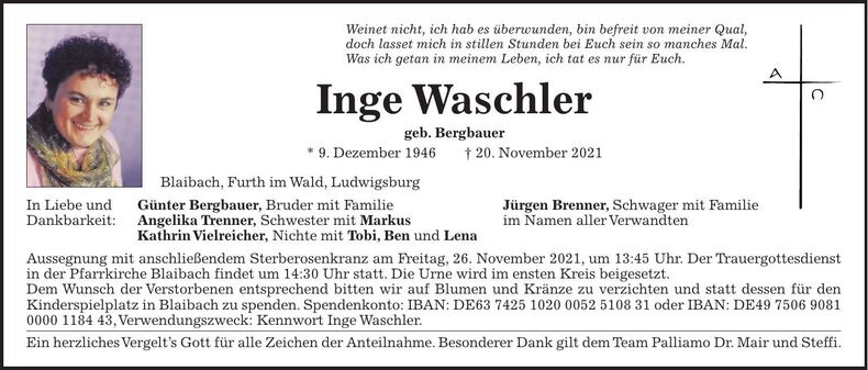 Traueranzeige Inge Waschler