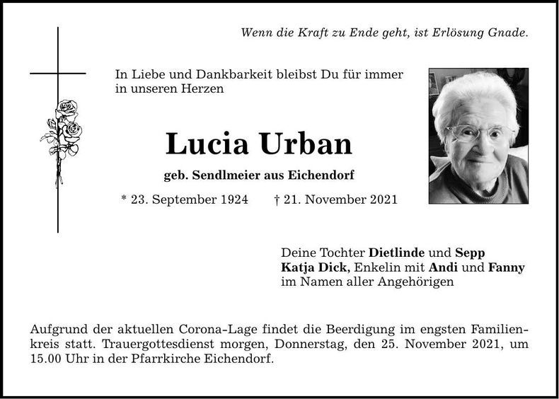 Traueranzeige Lucia Urban