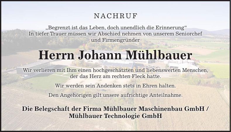 Traueranzeige Mühlbauer Johann