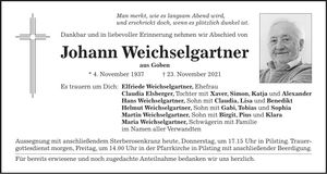 Traueranzeige Johann Weichselgartner