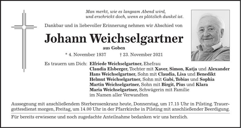 Traueranzeige Johann Weichselgartner