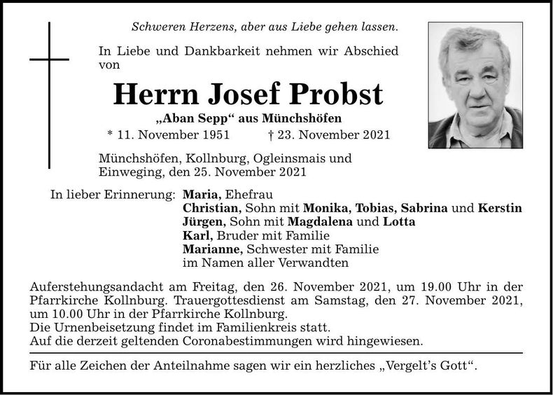 Traueranzeige Josef Probst