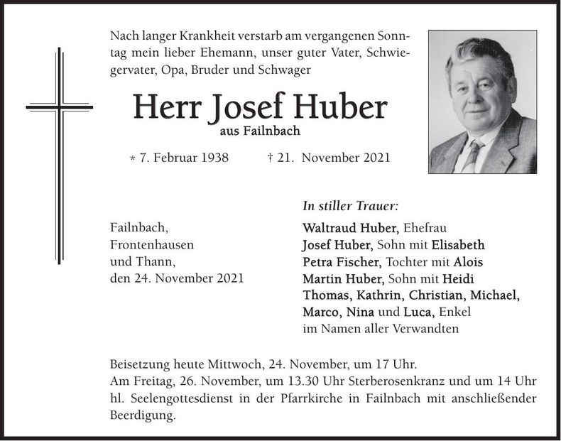 Traueranzeige Josef Huber