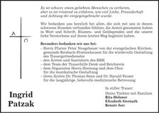 Traueranzeige Ingrid Patzak
