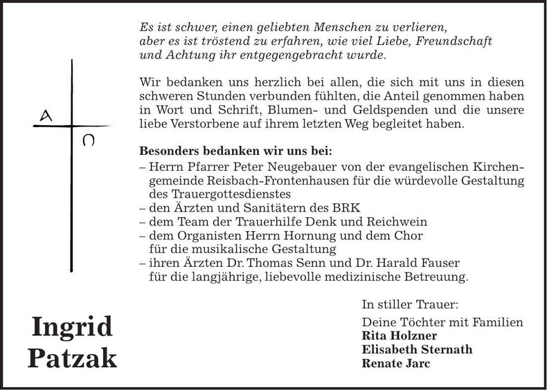 Traueranzeige Ingrid Patzak