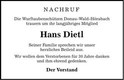Traueranzeige Hans Dietl