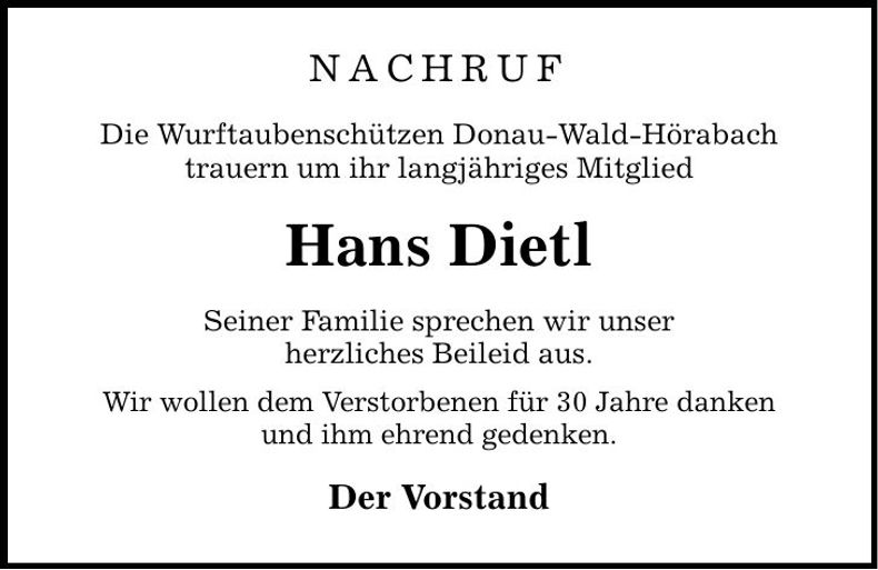 Traueranzeige Hans Dietl