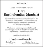 Traueranzeige Bartholomäus Manhart