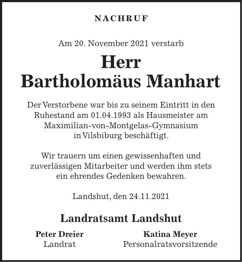 Traueranzeige Bartholomäus Manhart