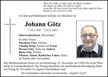 Traueranzeige Johann Götz