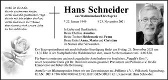 Traueranzeige Hans Schneider