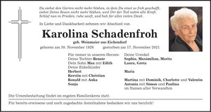 Traueranzeige Karolina Schadenfroh