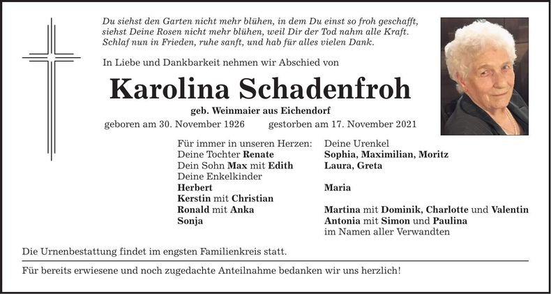 Traueranzeige Karolina Schadenfroh