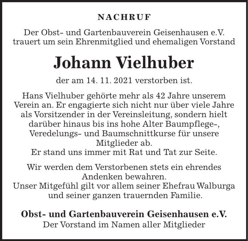 Traueranzeige Johann Vielhuber