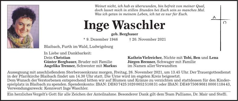 Traueranzeige Inge Waschler