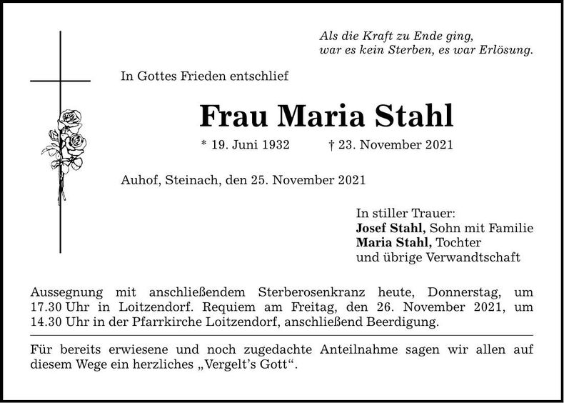Traueranzeige Maria Stahl