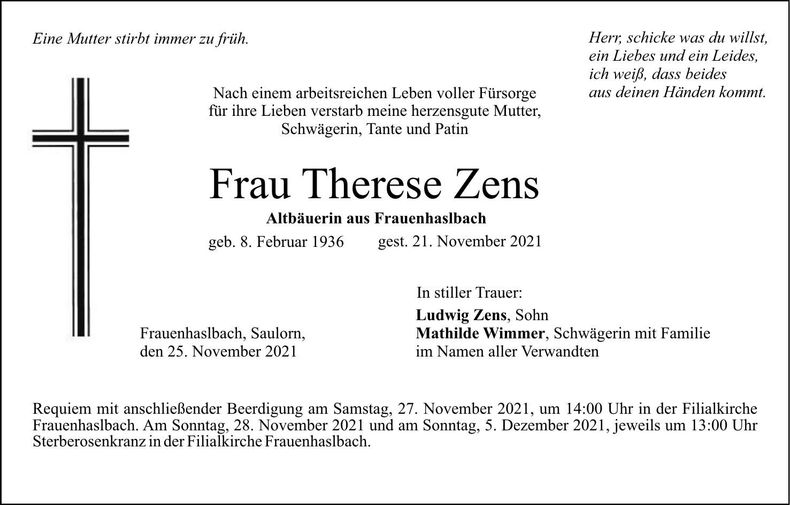 Traueranzeige Therese Zenz