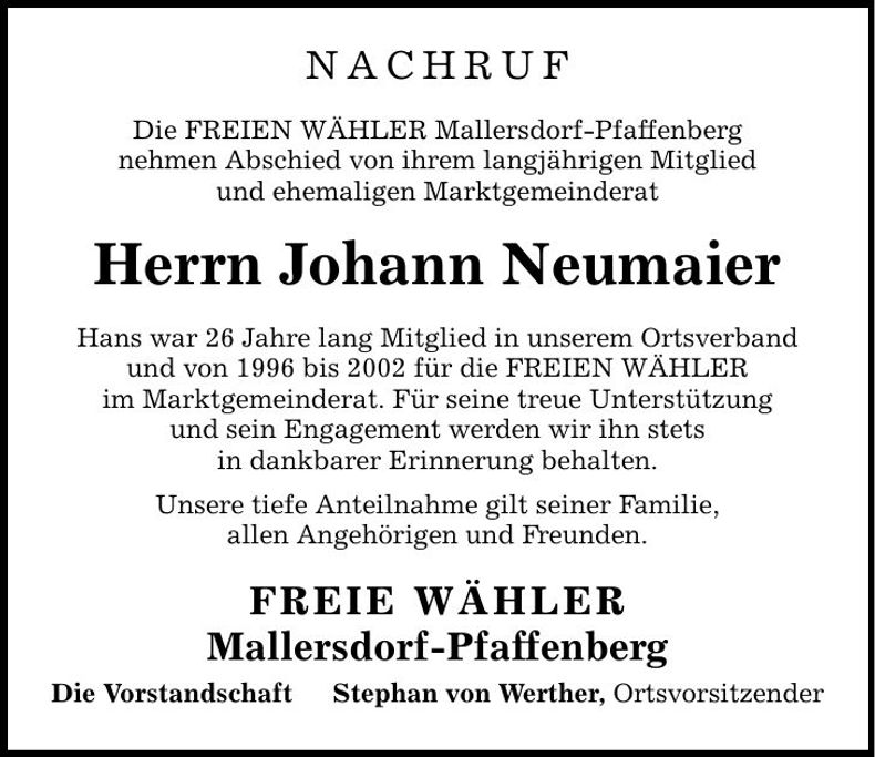 Traueranzeige Neumaier Johann