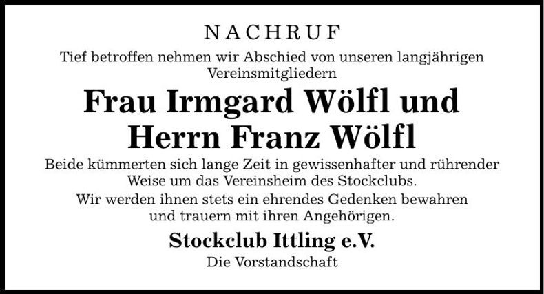Traueranzeige Irmgard und Franz Wölfl