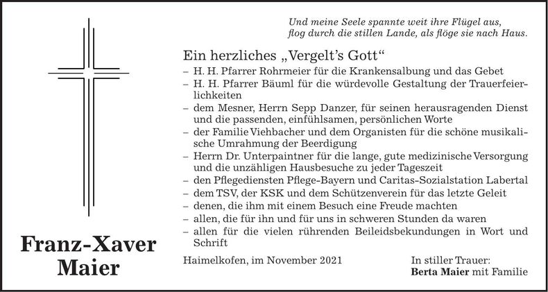 Traueranzeige Franz-Xaver Maier
