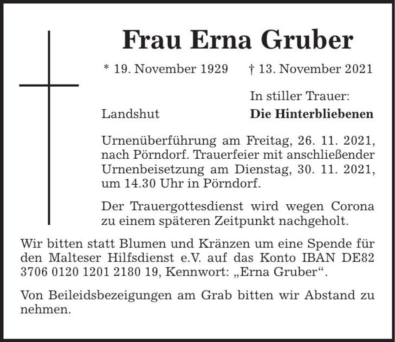 Traueranzeige Erna Gruber
