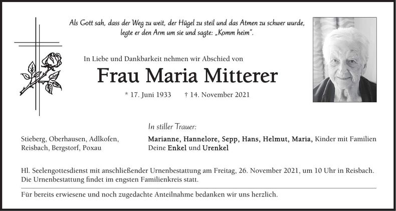 Traueranzeige Maria Mitterer