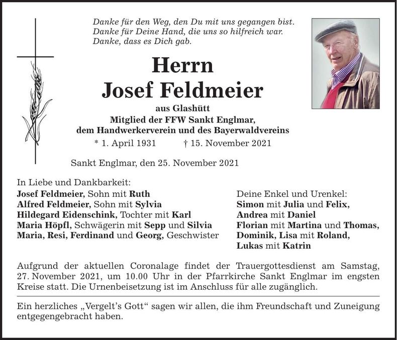 Traueranzeige Josef Feldmeier