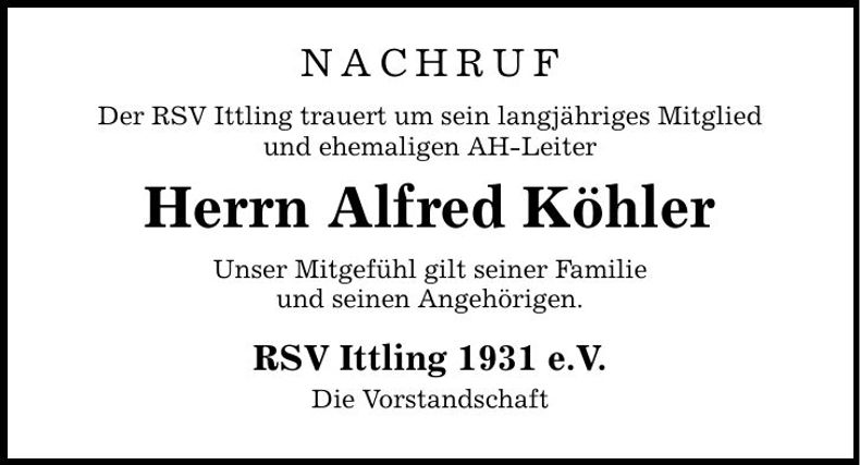 Traueranzeige Alfred Köhler